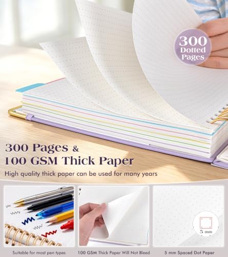 5 Subject Dotted Notebook with Removable Dividers Tabs, 300 Pages Hardcover Leather Dot Grid Spiral Journal, 8"x10" B5 Large Bullet Notebooks for Women Men Work School College Maths Sketching, Purple