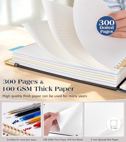 5 Subject Dotted Notebook with Removable Dividers Tabs, 300 Pages Hardcover Leather Dot Grid Spiral Journal, 8"x10" B5 Large Bullet Notebooks for Women Men Work School College Maths Sketching, Black