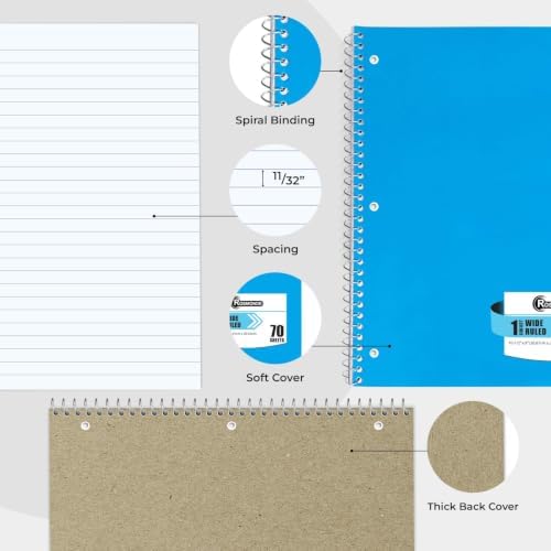 Rosmonde 100 Pack Bulk Spiral Notebook, 1 Subject Wide Ruled, 70 Sheets