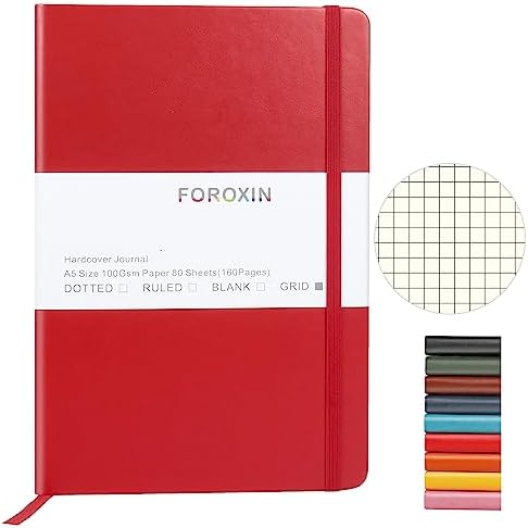 Grid Journal Bullet Notebook - Red Leather Cover, 8.3 x 5.7Inch, 160 Pages, 100gsm Paper, Hardcover with Inner Pocket, Elastic Closure and Ribbon Bookmark, Great for Women and Men