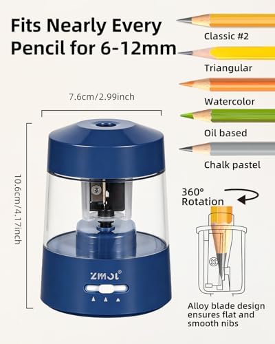 ZMOL Electric Pencil Sharpener Battery, 6-12mm Jumbo Pencils,Dark Blue