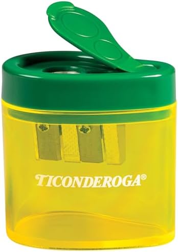 Ticonderoga Two-Hole Manual Pencil Sharpener for Standard and Beginner Pencils, Yellow/Green, 2" x 2" x 1.25", German-Engineered, 1 Count