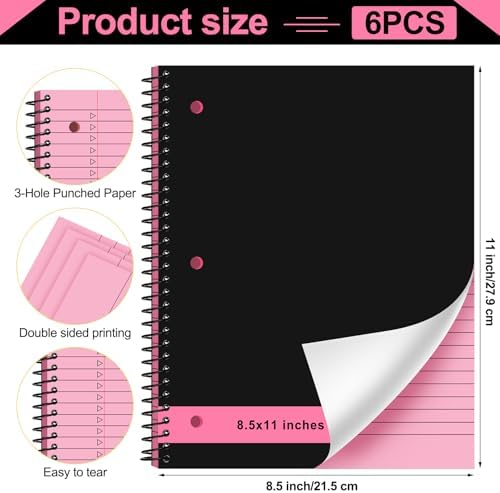 Resurhang 6 Pcs Top Spiral Notebooks,8.5 x 11 Inches,3 Hole Punch,6 Colors