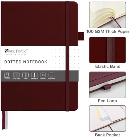 &And Per Se Dotted Journal Notebook – A5 Hardcover, 160 Pages 100gsm Paper, Dot Grid Notebook for Planning & Creative Journaling, 3 Sticker Sheets Included (Dark Red)