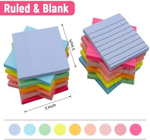 18 Pack Lined and Blank Pads 3x3 Sticky Notes Bulk Pack 9 Colors 1008 Sheets