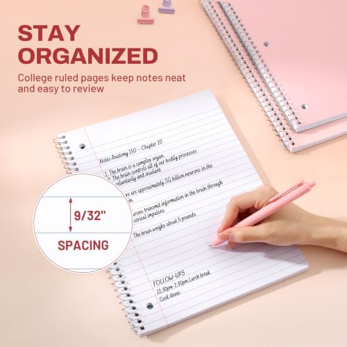 SUNEE Spiral Notebooks, 3 Pack, 1-Subject, College Ruled Paper, 8" x 10-1/2", 70 Sheets per Notebook, Pink