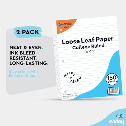 Loose Leaf Paper Notebook Paper, 8" x 10.5" Filler Paper White, 3 Hole Punched Binder Paper for 3 Ring Binders, Lined Paper 150 Sheets Per Pack - By Enday (2 Pack, College Ruled)