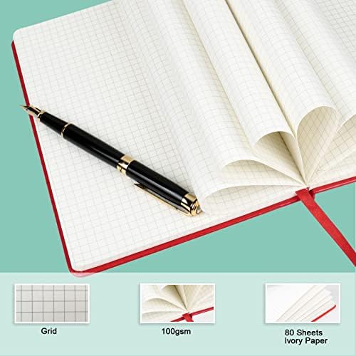 Grid Journal Bullet Notebook - Red Leather Cover, 8.3 x 5.7Inch, 160 Pages, 100gsm Paper, Hardcover with Inner Pocket, Elastic Closure and Ribbon Bookmark, Great for Women and Men