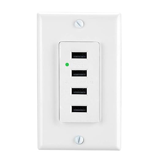 LEOD 4.2A Output High Speed 4 USB Port Charger Wall Outlet and LED Blue Indicator Light with 2 TypesWall Plates(Standard and screwless Included), USB Outlet with 4 USB Port, White,UL Listed[1 Pack]