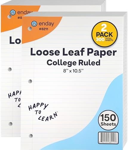 Loose Leaf Paper Notebook Paper, 8" x 10.5" Filler Paper White, 3 Hole Punched Binder Paper for 3 Ring Binders, Lined Paper 150 Sheets Per Pack - By Enday (2 Pack, College Ruled)
