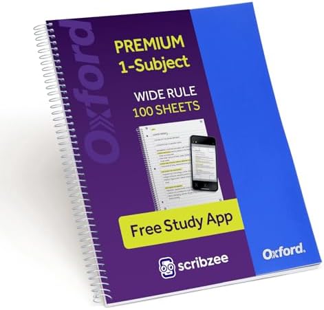 Oxford Spiral Notebook with Free Study App, 1 Subject, Wide Ruled, Ultra Smooth Paper, No Ink Bleed-Through, Strong Poly Blue Cover, Durable 2 Sided Pocket, 100 Easy Perforated 8.5" x 11" Sheets