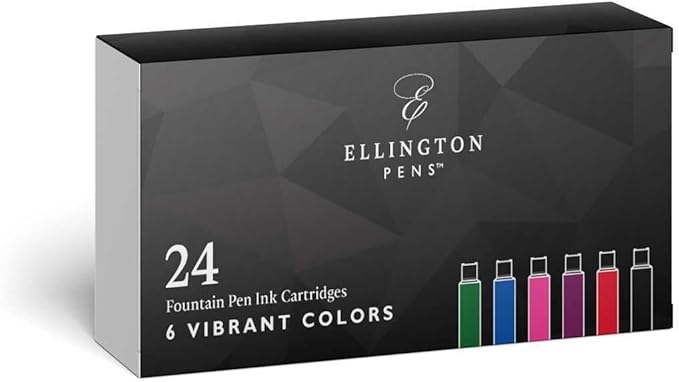 Ellington Pens 24 Vibrant Fountain Pen Ink Refills - 24 Pack International Standard Size Cartridges - Ink for Fountain Pens - Premium Quality & Non-Toxic, Long-Lasting & Waterproof, Dries Quickly