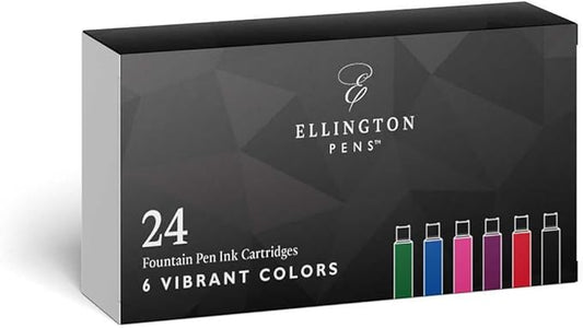 Ellington Pens 24 Vibrant Fountain Pen Ink Refills - 24 Pack International Standard Size Cartridges - Ink for Fountain Pens - Premium Quality & Non-Toxic, Long-Lasting & Waterproof, Dries Quickly