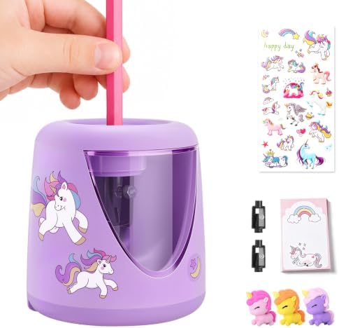 homicozy Electric Pencil Sharpeners for Kids, Cute Small Pencil Sharpener for Home Classroom, Battery Pencil Sharpener Electric Plug in, with Erasers DIY Stickers Note Pad (Purple Battery)
