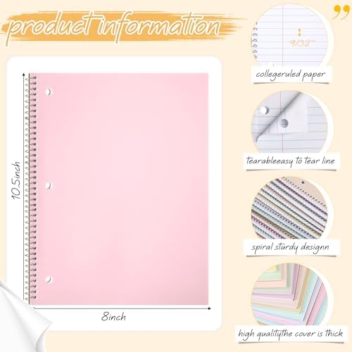 Teling 12 Pcs 1 Subject Spiral Notebook for Work College Ruled 8 x 10 1/2 Inch Spiral Journal Notebook 3 Hole Punched Paper Tear Line 70 Sheets Office School Study Supplies (Macron Color)