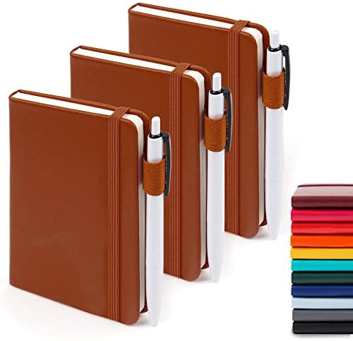 feela 3 Pack Pocket Notebook Journals, Mini Cute Small Journal Notebook Bulk Hardcover College Ruled Notepad with Pen Holder for Office School Supplies, with 3 Black Pens, 3.5”x 5.5”, A6, Brown