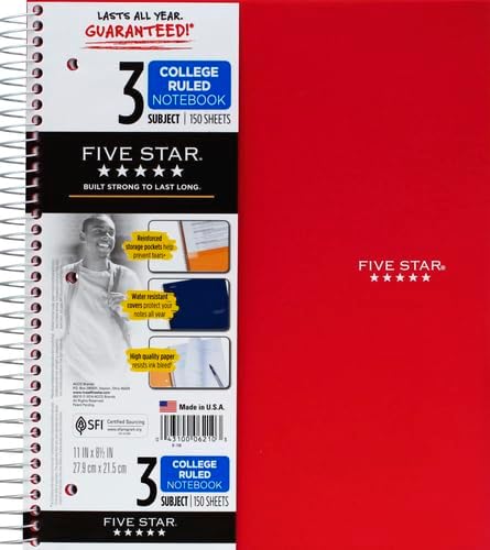 Five Star 06210 Wirebound 3-Subject Notebook, College Rule, 11 x 8 1/2, 150 Sheets, Assorted (Pack of 2)