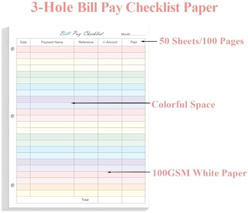 A4 Bill Payment Checklist Refills Paper - 3-Hole Punched Loose Leaf Budget Planner Refill, 50 Sheets/100 Pages Colorful Monthly Budget Forms, 100 gsm White Paper, 8.5" x 11"