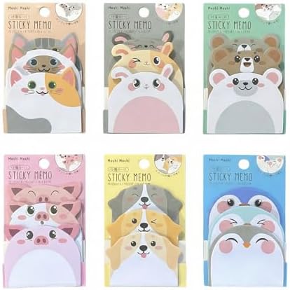Cute Sticky Notes 6 Pack – 270 Sheets Mini Self Adhesive Memo Pads, Kawaii Cartoon Sticky Notes for Planner, School Supplies, Office Desk, Bookmark Tabs, Bear Cat Rabbit Pig Dog Penguin Shape
