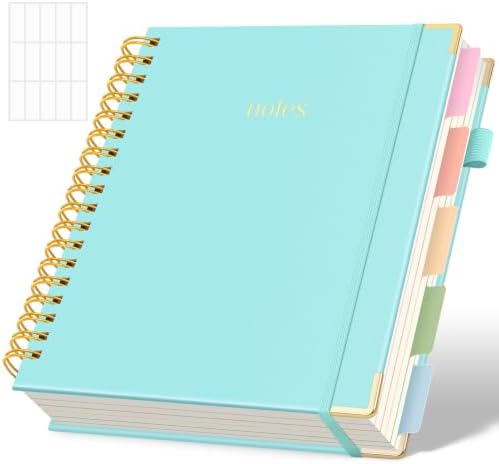 SKYDUE Spiral Journal for Women, B5 College Ruled Notebooks for Work with Dividers,Tabs and Pocket, Mint