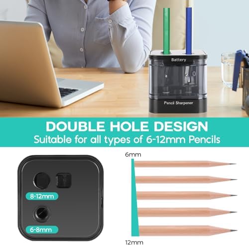 Eagle Electric Pencil Sharpener, Dual Holes, Battery Powered for School/Office/Art, 5s Fast Sharpening, Portable w/Large Shaving Tray & Replaceable Blades, for 6-12 mm Pencils (Black)