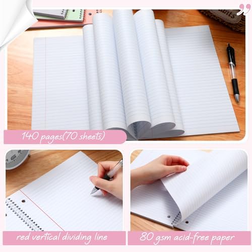 Teling 12 Pcs 1 Subject Spiral Notebook for Work College Ruled 8 x 10 1/2 Inch Spiral Journal Notebook 3 Hole Punched Paper Tear Line 70 Sheets Office School Study Supplies (Fresh Color)