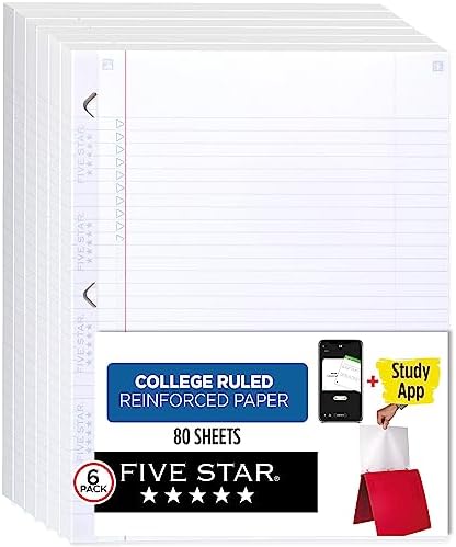 Five Star Loose Leaf Paper + Study App, 6 Pack, Notebook Paper, College Ruled Filler Paper, Reinforced, Fights Ink Bleed, 8.5 x 11, 80 Sheets per Pack (170025)