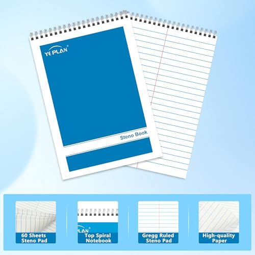 Yeplan Steno Pads Spiral Notebook 6x9 24 Pack, Top Spiral Notebook with Gregg Ruled White Paper, Notebooks & Writing Pads for School, College, Work, Office, Home, 60 Sheets, 6 Assorted Colors