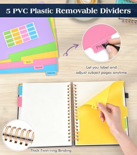 5 Subject Blank Notebook with Removable Dividers Tabs, 300 Pages Hardcover Leather Sketch Book Spiral Journal, 8"x10" B5 Large Sketchbook Notebooks for Women Men Work School Sketching Drawing, Black