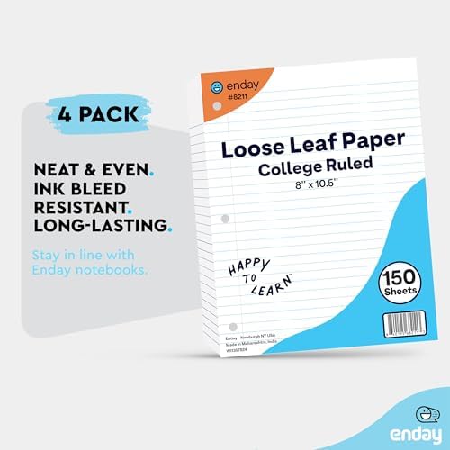 Loose Leaf Paper Notebook Paper, 8" x 10.5" Filler Paper White, 3 Hole Punched Binder Paper for 3 Ring Binders, Lined Paper 150 Sheets Per Pack - By Enday (4 Pack, College Ruled)