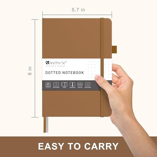 &And Per Se Dotted Journal Notebook – A5 Hardcover, 160 Pages 100gsm Paper, Dot Grid Notebook for Planning & Creative Journaling, 3 Sticker Sheets Included (Light Brown)