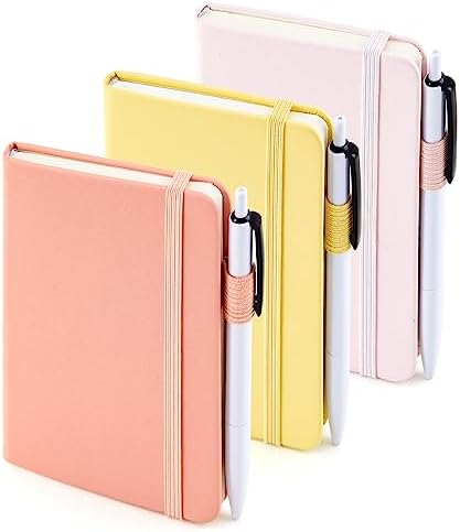 feela 3 Pack Pocket Small Notebook Journals, Mini Cute Hardcover College Ruled Notepad Women Office Supplies, with 3 Black Pens, 3.5”x 5.5”, A6, Pastel Colors, Light Yellow, Light Pink, Pale Orange