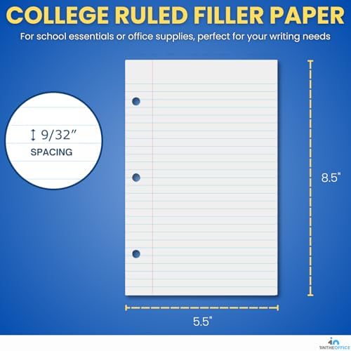 1InTheOffice College Ruled Filler Paper 5.5 x 8.5, 3 Hole Punch Filler Paper, Loose Leaf Paper, White, 200 Sheet/Pack (Pack of 3)