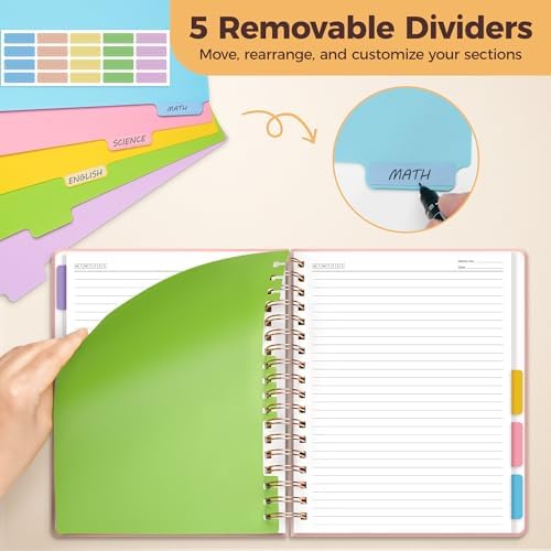 Hardcover Spiral Notebook Journal for Women & Men, Cute 5 Subject Notebook College Ruled for School & Work, Pink Journaling Notebooks with Removable Dividers Tabs, 8" x 10", 300 Pages, Tulip