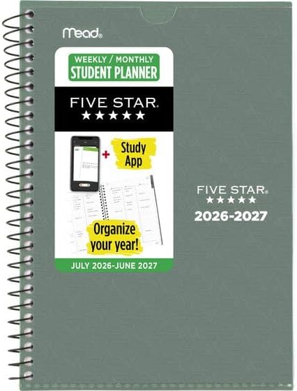 Five Star® Customizable Academic 2026-2027 Weekly Monthly Student Planner Plus Study App, Color May Vary, Small, 5 1/2" x 8 1/2"
