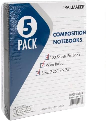Trail maker 5 Pack Composition Notebooks, Wide Ruled Marble Cover, 200 Pages (100 Sheets), 9.75 x 7.25, Bulk School Supplies for Classroom, Office & School Donations