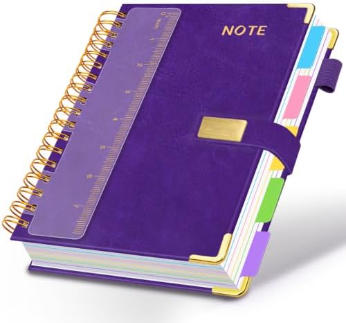Hardcover Spiral Notebook 6.2''x 8.2'' College Ruled Notebook with Magnetic Closure, 300 Pages 5 Subject Notebooks with Pocket Dividers for Work School, A5 Leather Journal for Women, Men (Purple)