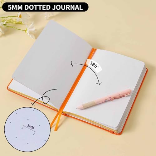 Dot Grid Journal with 160GSM Thick Paper, 192 Pages, A5 Dotted Notebook for Work, School, Travel | 180° Lay Flat, Foil Stamped Cover, Elastic Band, 2 Bookmarks & Inner Pocket (Orange)