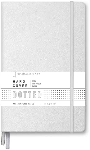 Minimalism Art, Premium Hard Cover Notebook Journal, Medium Size, A5 5.8" x 8.3", 186 Numbered Pages, Gusseted Pocket, Ribbon Bookmark, Extra Thick Ink-Proof Paper 120gsm (Dotted, White)
