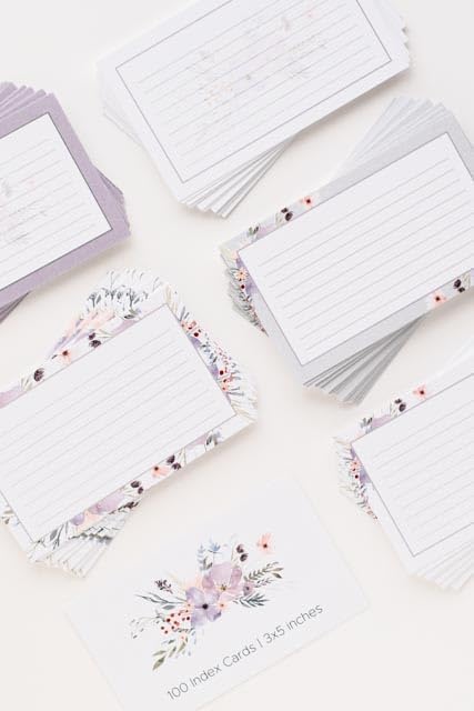 Floral Index Cards by Pure Print and Design | Floral Flash Cards Perfect For Study Sessions & Learning | 100 Cards of Premium Quality with 5 Different Designs | White, Purple and Gray | 3x5 inches