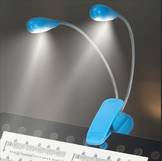Music Stand Light, Clip on LED Book Lights, USB and AAA Battery Operated, Reading Lamp in Bed, 4 Brightness Levels, Ideal for Musician, Piano Player, Travel (Dual Arm, Blue)