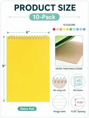 10 Pack Steno Pads 6 x 9, 10 Colors Paper Top Spiral Notebooks