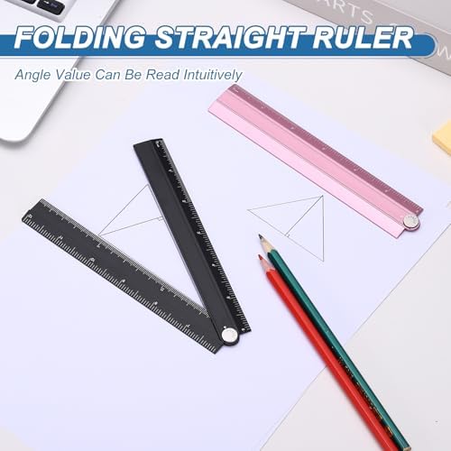 HARFINGTON Folding Straight Ruler 12" SAE Aluminum Alloy Protractor Foldable Angle Ruler Geometric Measuring Tool with Angle Line for Architects Artists Designers Classroom Office, Gray