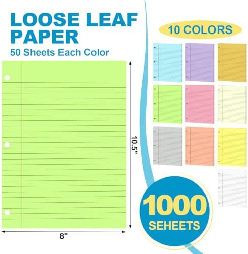 TUXIYA 1000 Sheets 10 Colored Loose Leaf Paper 8x10.5 College Ruled 3 Hole