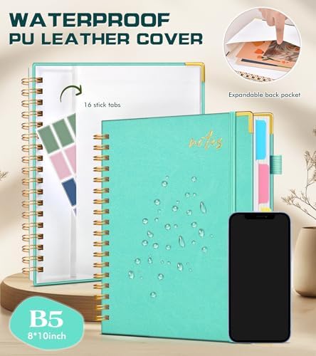 5 Subject Spiral Notebook Journal with Removable Dividers Tabs, 300 Pages Organizer Notebooks for Work School, 8"x10" Hardcover Leather Notebook College Ruled, Large Lined Journal for Women Men,Aqure