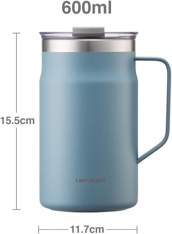 LocknLock Metro Mug, Premium 18/8 Stainless Steel Metal, Double Wall Insulated, Portable Coffee Cup with Lid and Handle for Hot and Cold Drinks, Blue, 20 oz