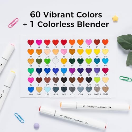 Ohuhu Adult Coloring Books Markers 60 Colors Water-based Dual Tips No Bleed