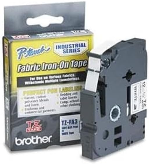 Brother Genuine P-Touch TZE-FA3 Tape, 1/2" (0.47") Wide Fabric Iron-On Tape, Navy Blue on White, Can be Ironed onto Virtually Any Cotton Item, 0.47" x 9.8' (12mm x 3M), Single-Pack, TZEFA3