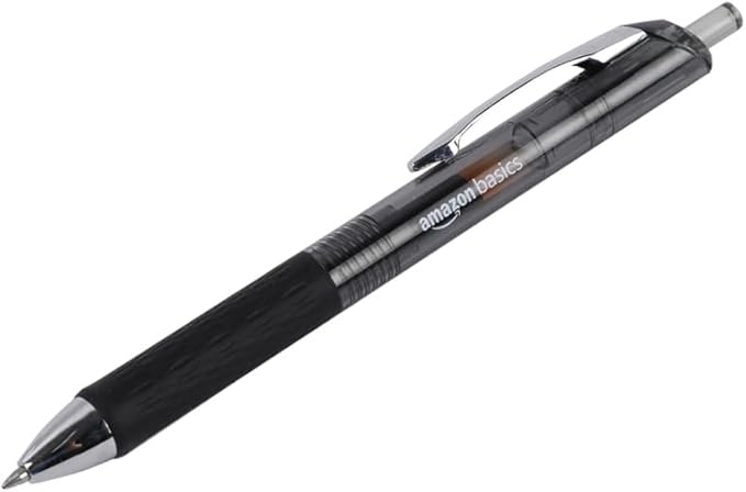 Amazon Basics Retractable Gel Pens, Fine Point 0.7mm, Smooth Writing, Black, No Smudge, School and Office Supplies, 12-Pack