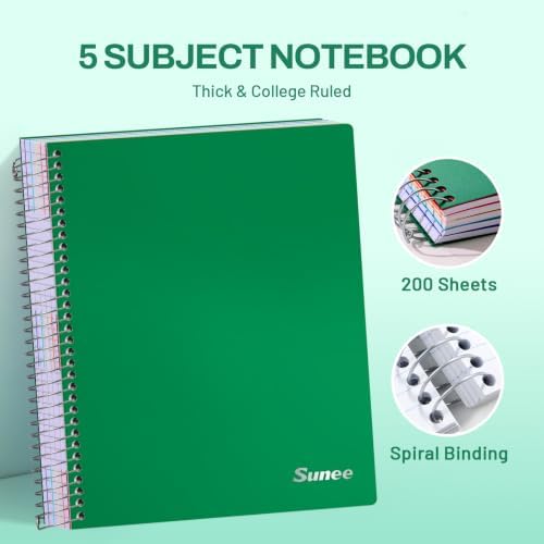 SUNEE 5 Subject Notebook College Ruled - 400 Pages, 9"x11", 5 Pocket Colored Dividers, 3-Hole Punched Paper, Dark Green